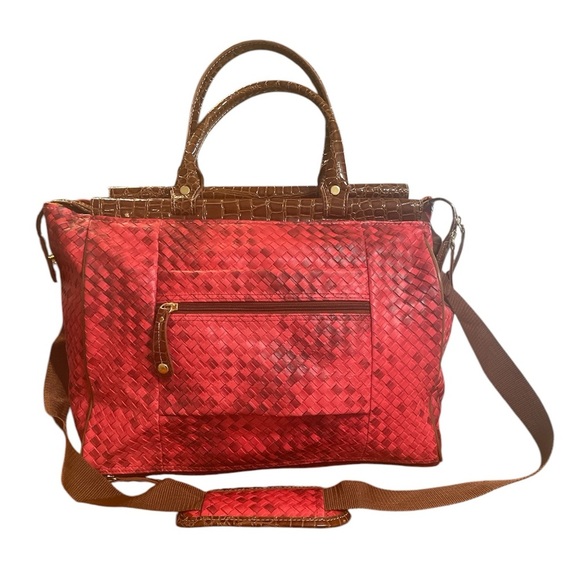 Samantha Brown Dowel Weekender Travel Work Tote Bag Red Croco Embossed - Picture 3 of 10